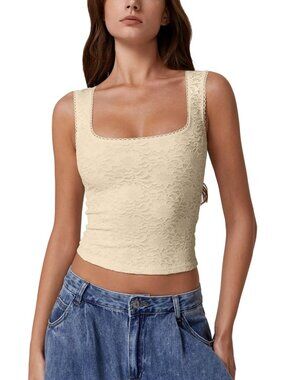 Women's Khaki Stylish Lace Trim Square Neck Sleeveless Double-Layer Fit Tank Top